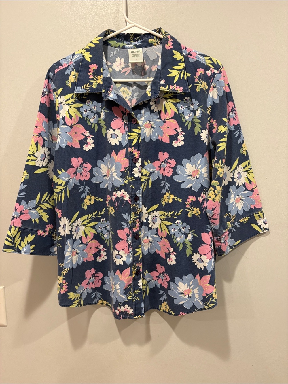 Blair Navy Floral  Women's blouse with Pink and Light Blue Blooms ptp 23 length